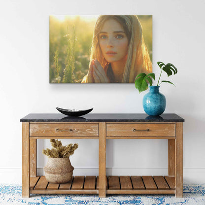 Dawn of Serenity Woman in Traditional Dress Praying in a Wildflower Field   Inspiring Christian Canvas Wall Art Decor