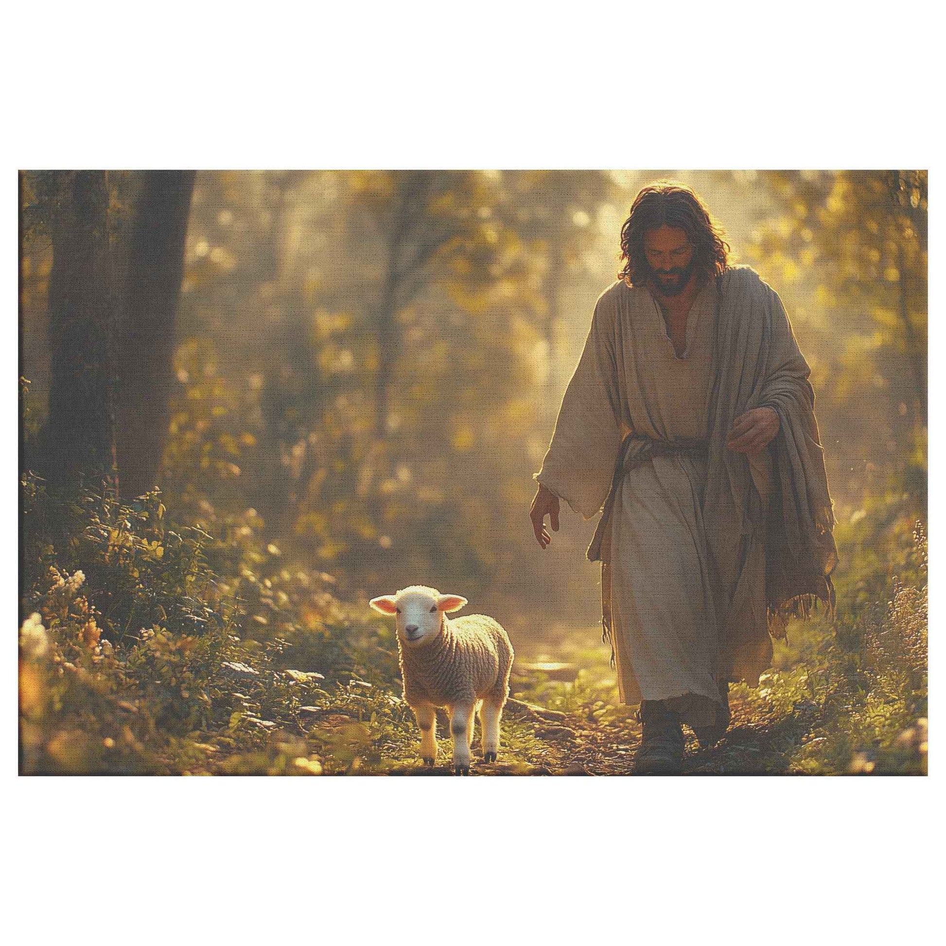 Divine Guidance Jesus Leading the Cute Lamb Through a Tranquil Forest   Christian Canvas Wall Art Decor