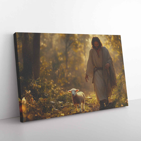 Divine Guidance Jesus Leading the Cute Lamb Through a Tranquil Forest   Christian Canvas Wall Art Decor