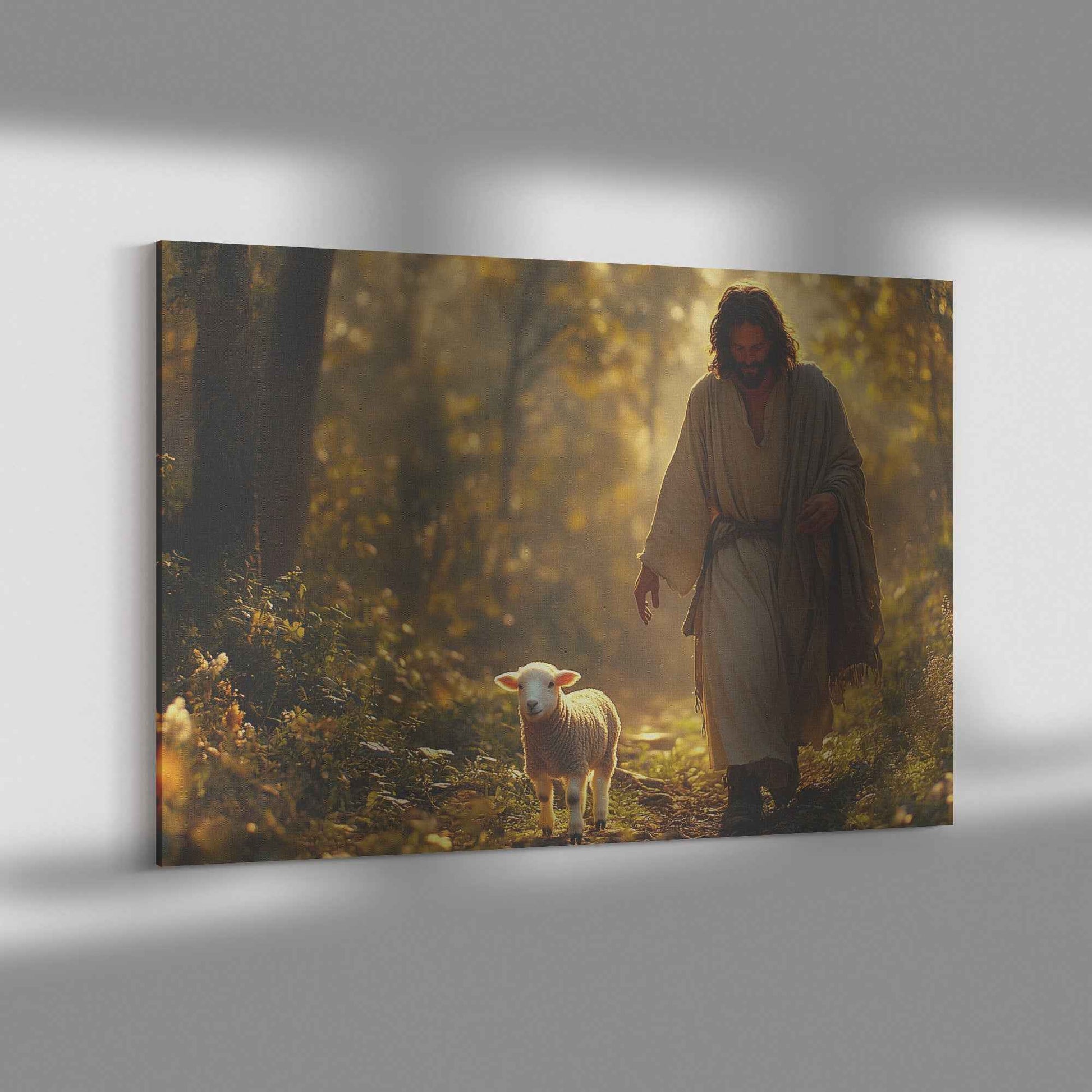 Divine Guidance Jesus Leading the Cute Lamb Through a Tranquil Forest   Christian Canvas Wall Art Decor
