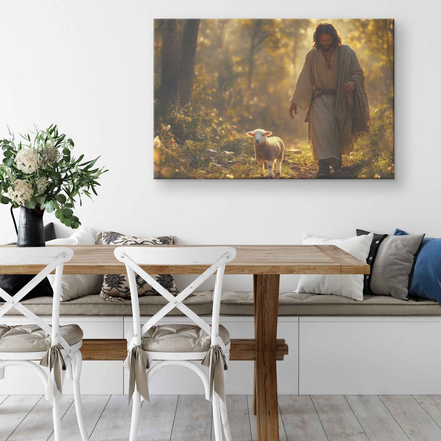 Divine Guidance Jesus Leading the Cute Lamb Through a Tranquil Forest   Christian Canvas Wall Art Decor