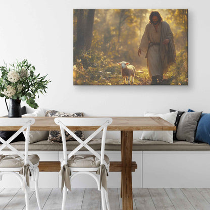 Divine Guidance Jesus Leading the Cute Lamb Through a Tranquil Forest   Christian Canvas Wall Art Decor