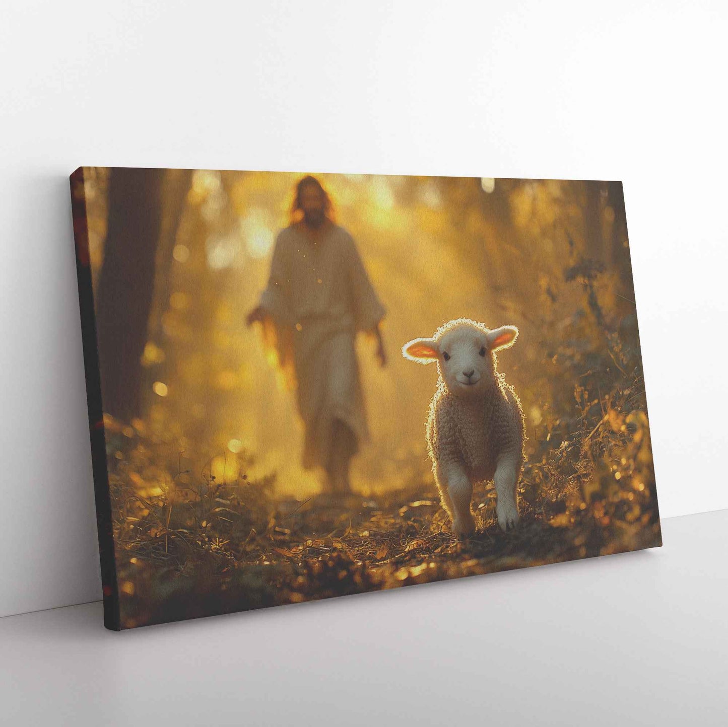 Divine Joy Adorable Lamb Walking Towards Jesus in Sunlit Splendor  A Celebration of Faith and Redemption  Christian Canvas Wall Art Decor