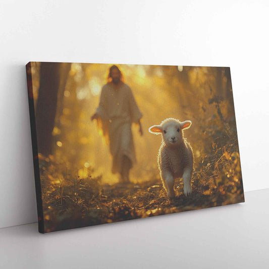 Divine Joy Adorable Lamb Walking Towards Jesus in Sunlit Splendor  A Celebration of Faith and Redemption  Christian Canvas Wall Art Decor