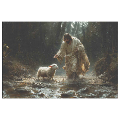 Divine Light in the Darkness Jesus Guiding the Lost Lamb Through Rain   Christian Canvas Wall Art Decor