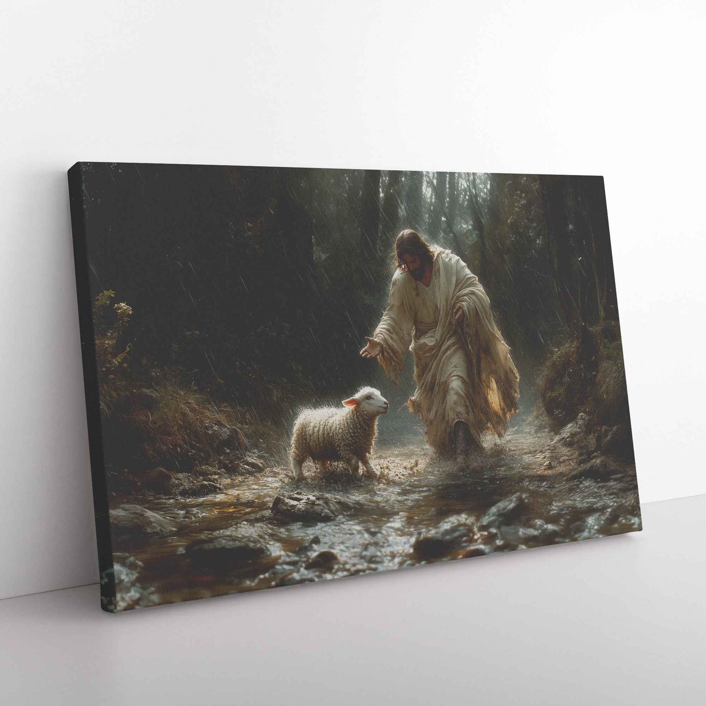 Divine Light in the Darkness Jesus Guiding the Lost Lamb Through Rain   Christian Canvas Wall Art Decor