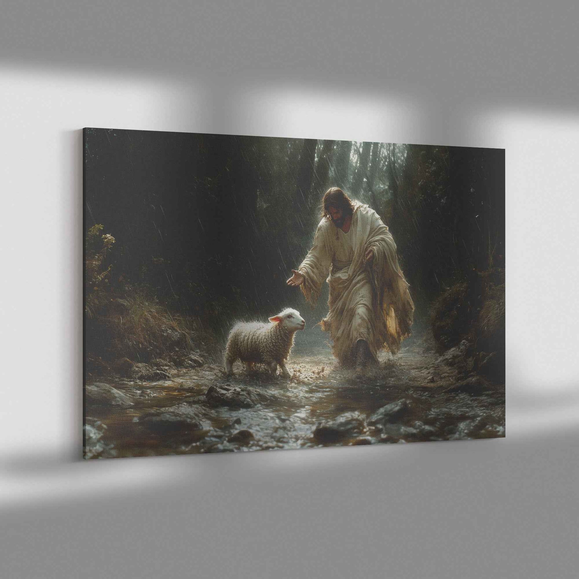 Divine Light in the Darkness Jesus Guiding the Lost Lamb Through Rain   Christian Canvas Wall Art Decor