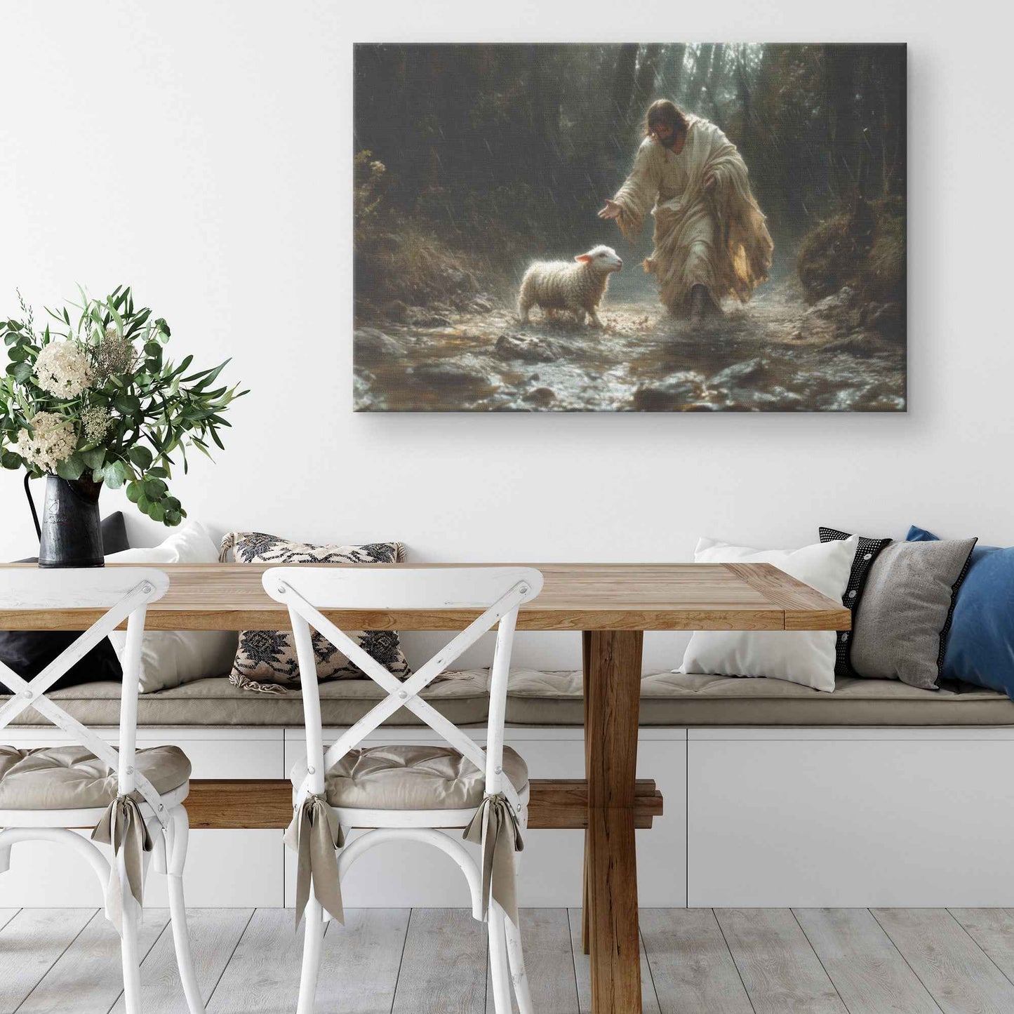 Divine Light in the Darkness Jesus Guiding the Lost Lamb Through Rain   Christian Canvas Wall Art Decor