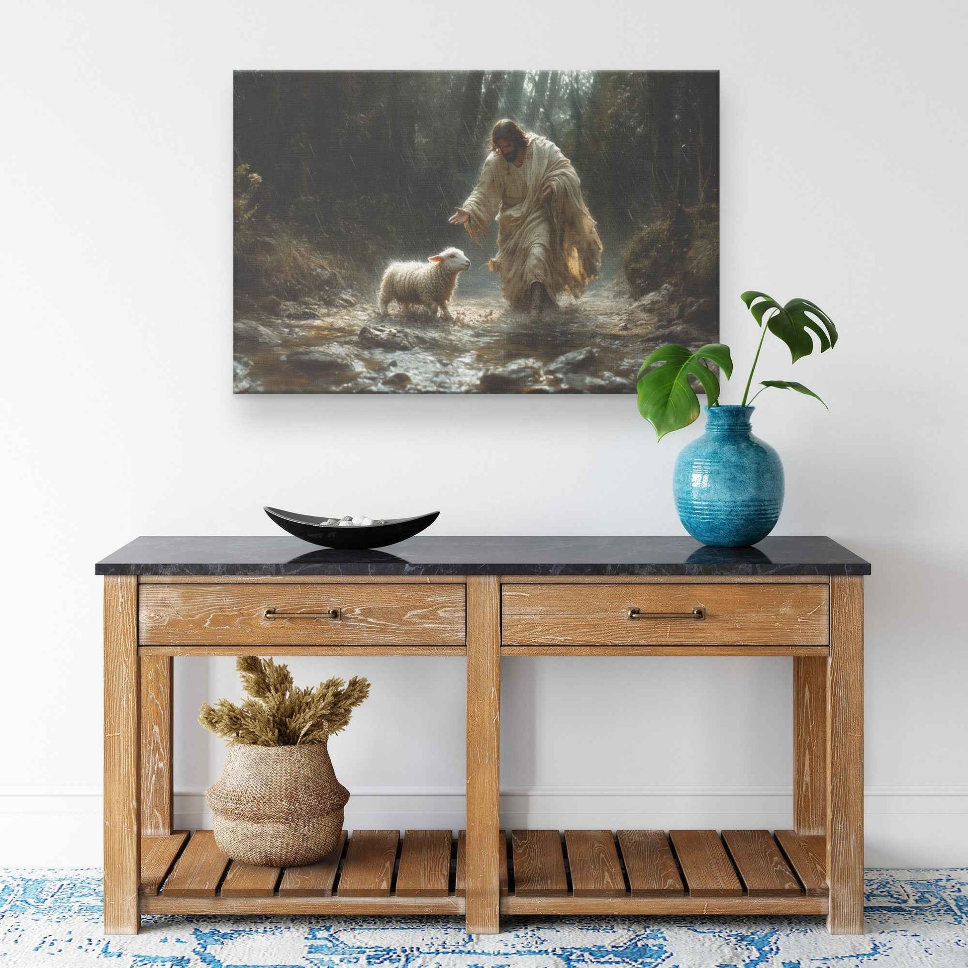 Divine Light in the Darkness Jesus Guiding the Lost Lamb Through Rain   Christian Canvas Wall Art Decor