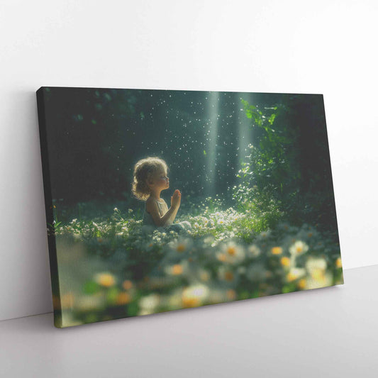 Divine Light Little Girl Praying in a Garden of White Daisies   Magical Christian Canvas Wall Art Decor