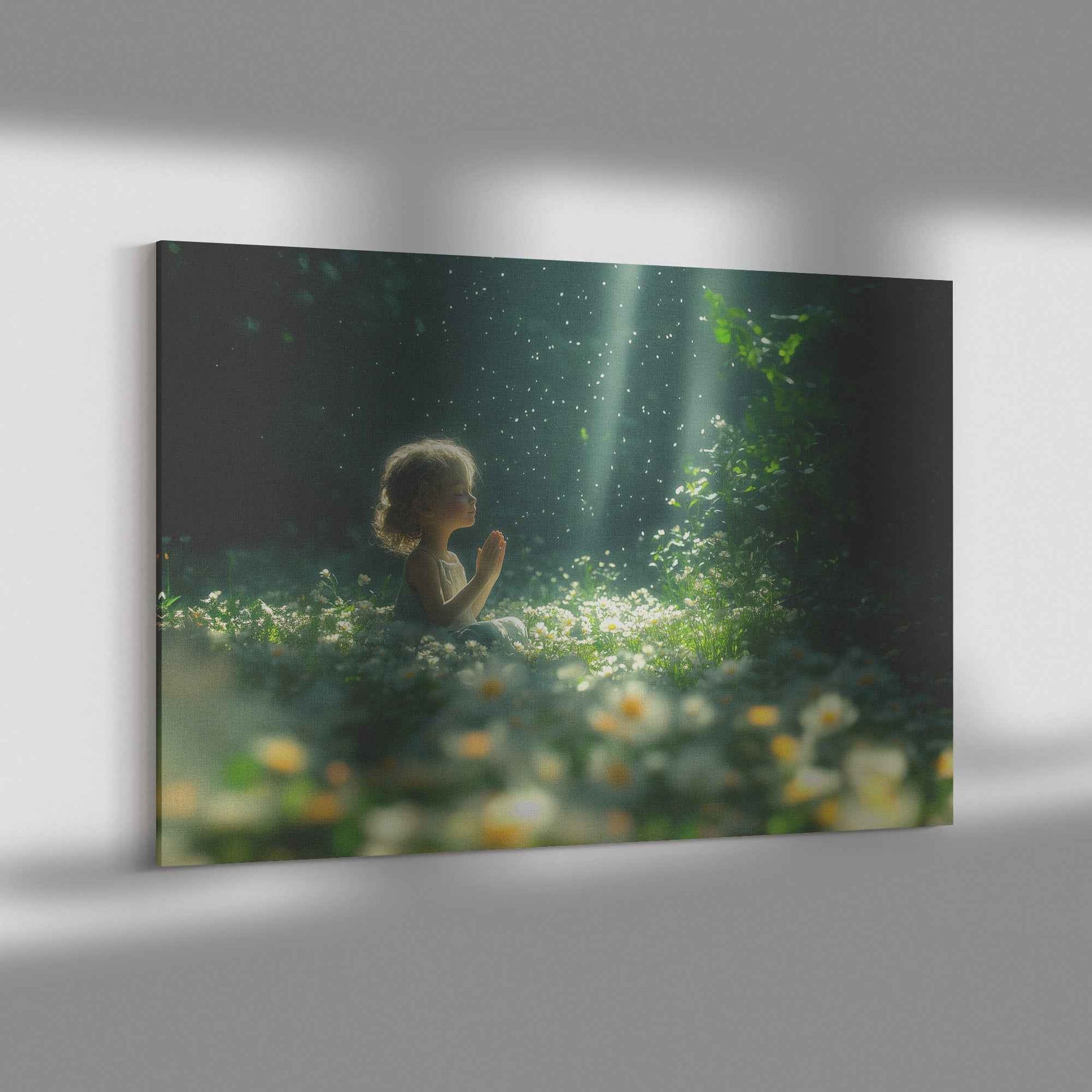 Divine Light Little Girl Praying in a Garden of White Daisies   Magical Christian Canvas Wall Art Decor