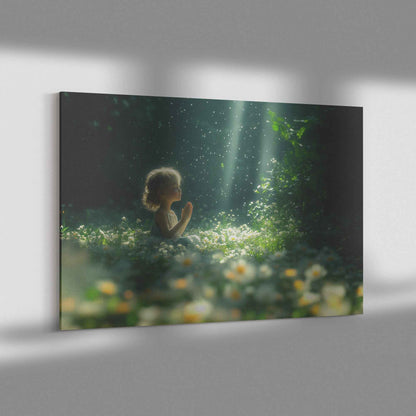 Divine Light Little Girl Praying in a Garden of White Daisies   Magical Christian Canvas Wall Art Decor