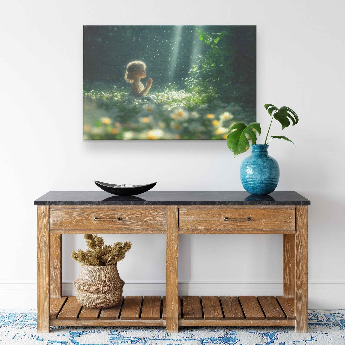 Divine Light Little Girl Praying in a Garden of White Daisies   Magical Christian Canvas Wall Art Decor
