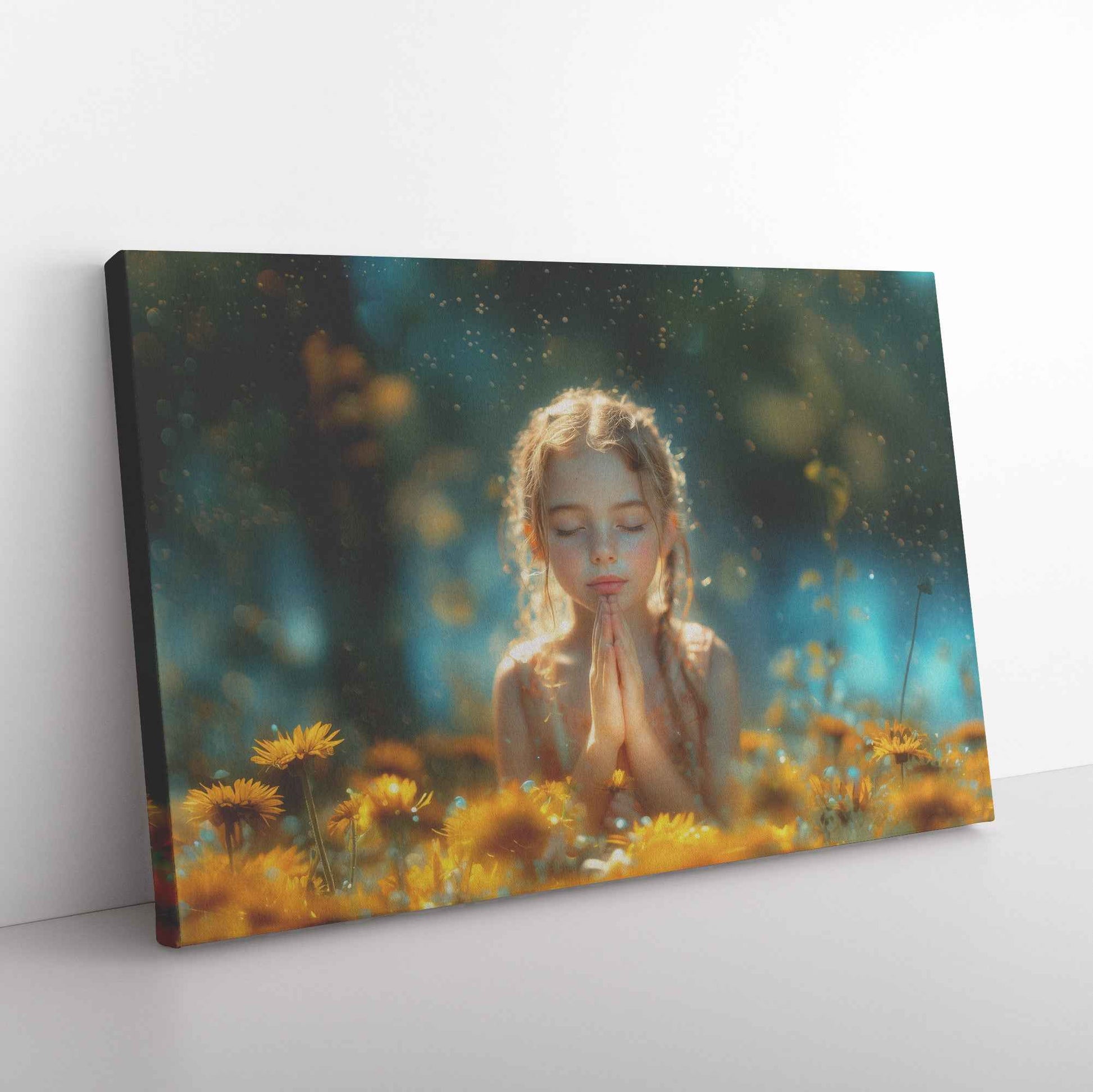 Divine Serenity Girl in Prayer Surrounded Dandelions   Inspiring Christian Canvas Wall Art Decor