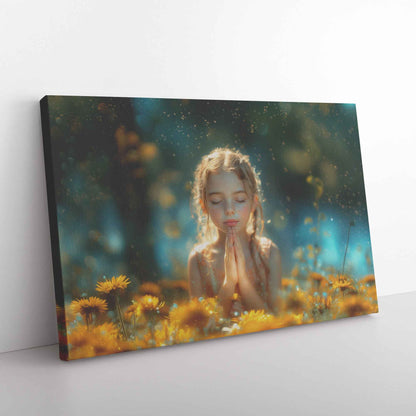 Divine Serenity Girl in Prayer Surrounded Dandelions   Inspiring Christian Canvas Wall Art Decor