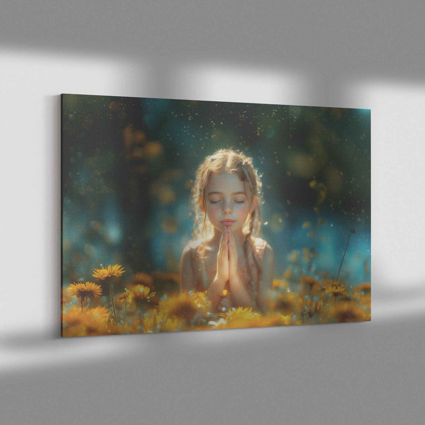 Divine Serenity Girl in Prayer Surrounded Dandelions   Inspiring Christian Canvas Wall Art Decor