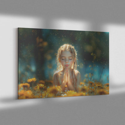 Divine Serenity Girl in Prayer Surrounded Dandelions   Inspiring Christian Canvas Wall Art Decor