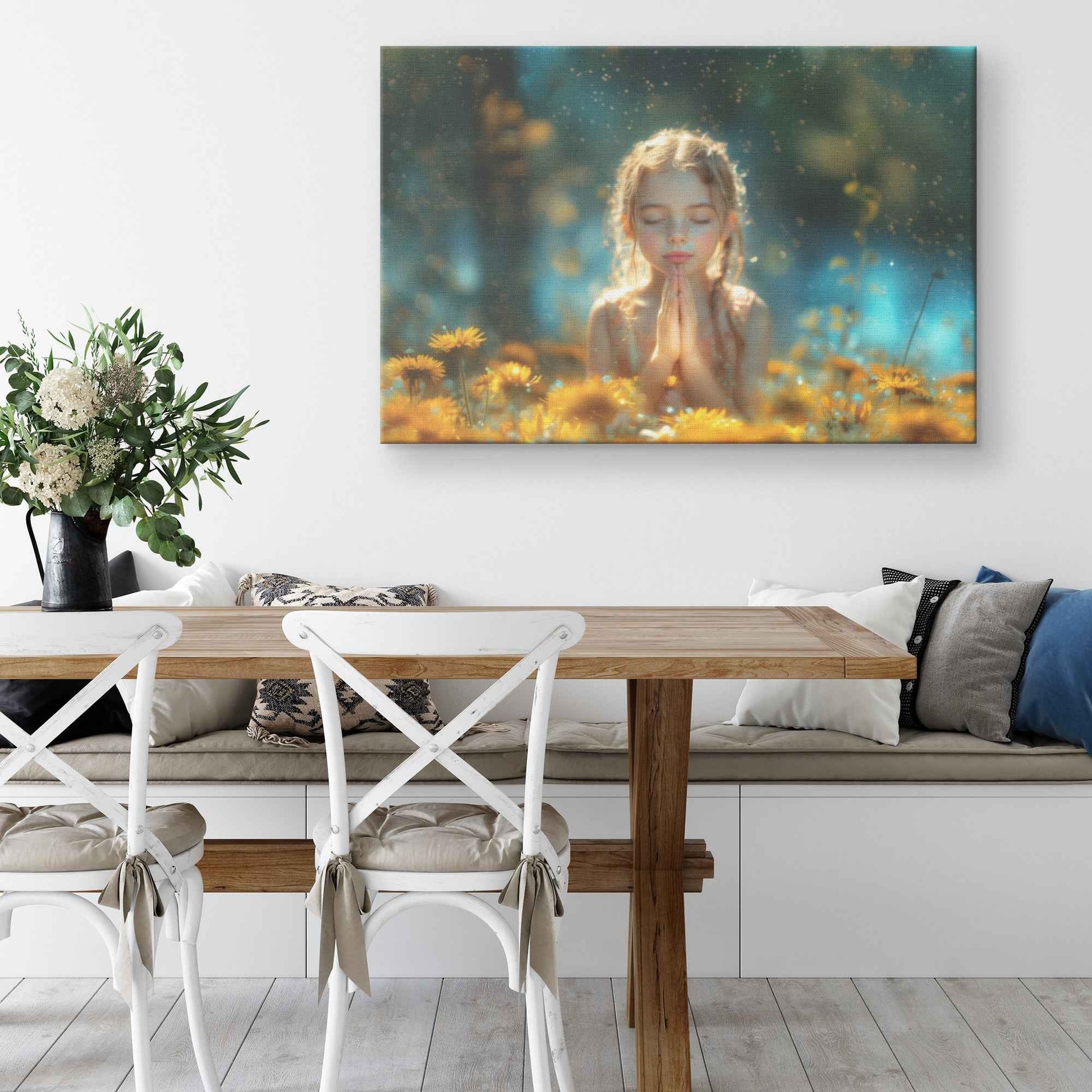 Divine Serenity Girl in Prayer Surrounded Dandelions   Inspiring Christian Canvas Wall Art Decor