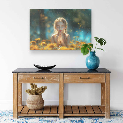 Divine Serenity Girl in Prayer Surrounded Dandelions   Inspiring Christian Canvas Wall Art Decor
