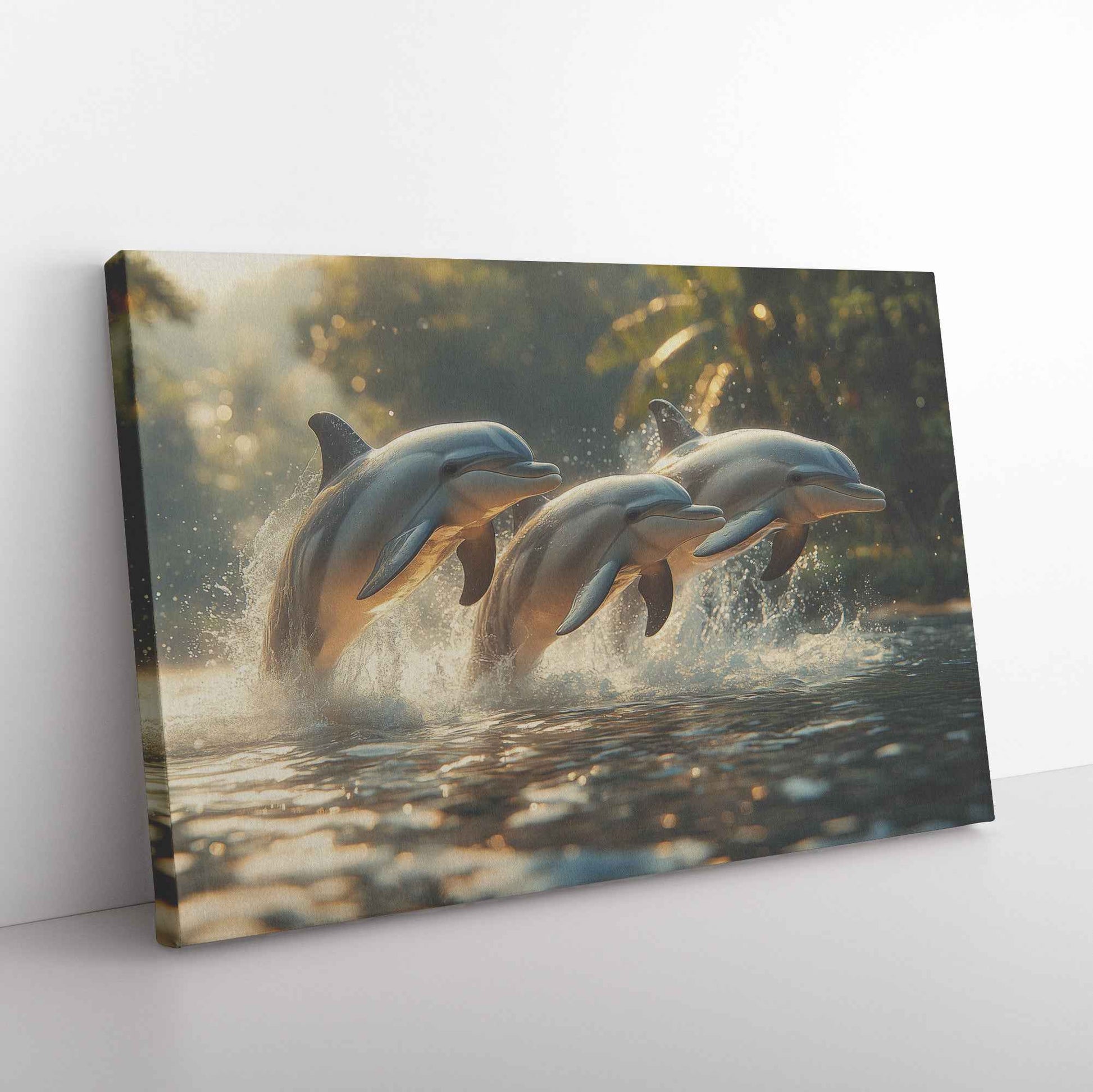 Dolphins Leaping in Crystal-Clear Waters A Playful Dance of Joy and Freedom   Christian Canvas Wall Art Decor