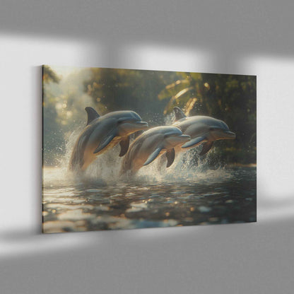 Dolphins Leaping in Crystal-Clear Waters A Playful Dance of Joy and Freedom   Christian Canvas Wall Art Decor