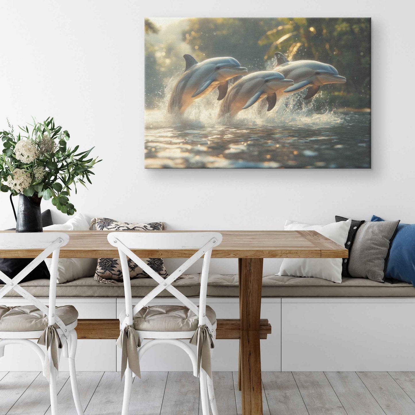 Dolphins Leaping in Crystal-Clear Waters A Playful Dance of Joy and Freedom   Christian Canvas Wall Art Decor