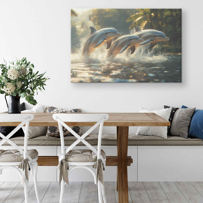 Dolphins Leaping in Crystal-Clear Waters A Playful Dance of Joy and Freedom   Christian Canvas Wall Art Decor