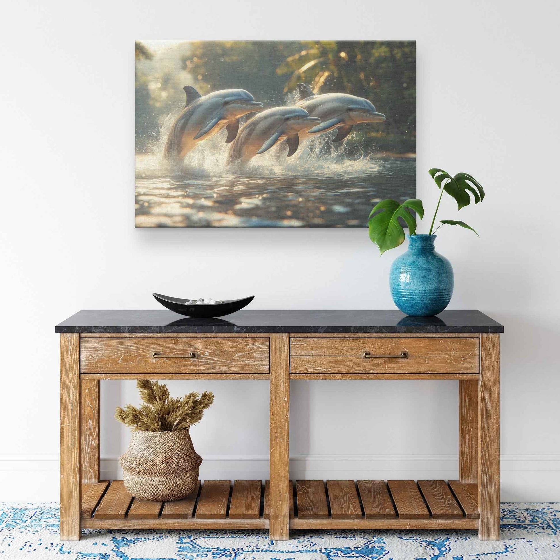 Dolphins Leaping in Crystal-Clear Waters A Playful Dance of Joy and Freedom   Christian Canvas Wall Art Decor