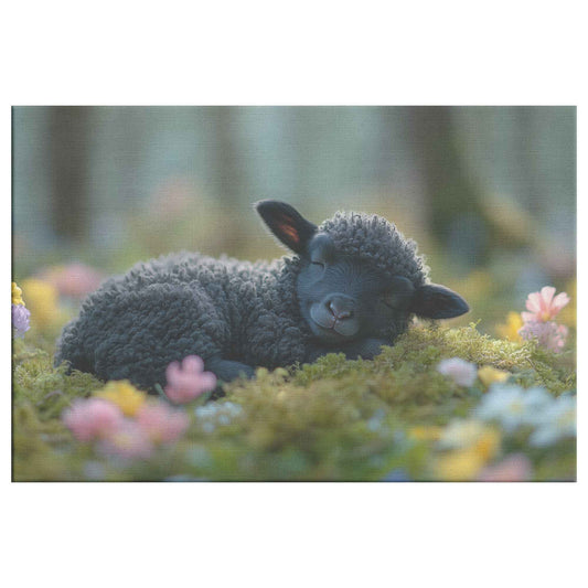 Dreaming in Bloom Black Lamb Peacefully Napping Amongst Spring Flowers   Christian Canvas Wall Art Decor