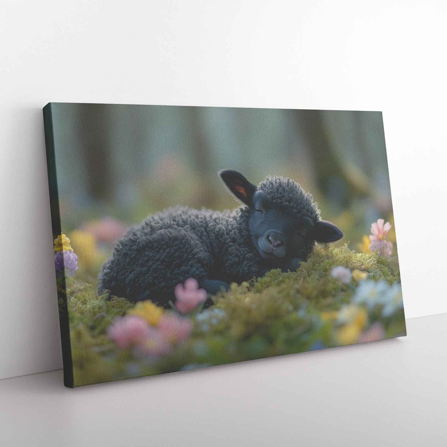 Dreaming in Bloom Black Lamb Peacefully Napping Amongst Spring Flowers   Christian Canvas Wall Art Decor