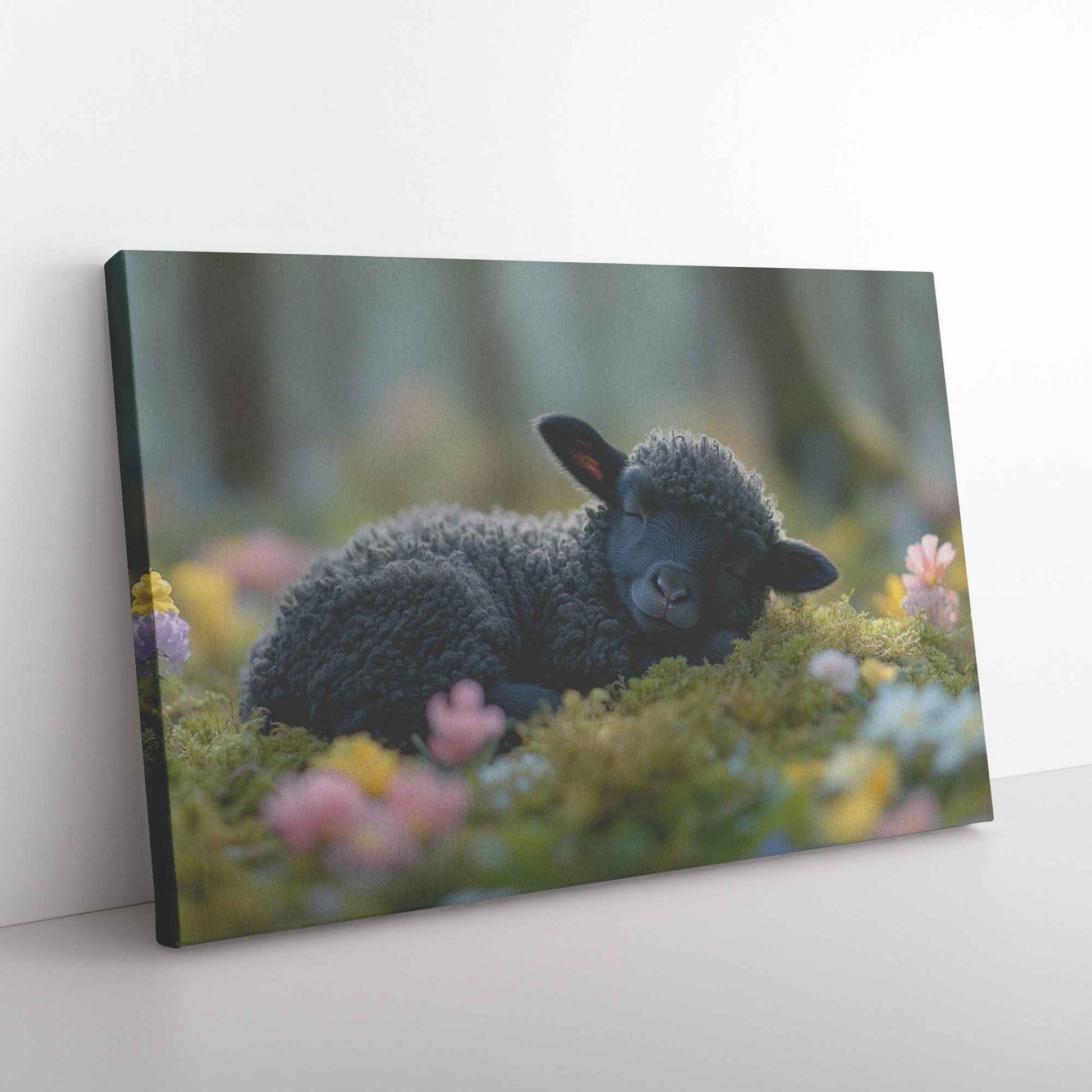 Dreaming in Bloom Black Lamb Peacefully Napping Amongst Spring Flowers   Christian Canvas Wall Art Decor