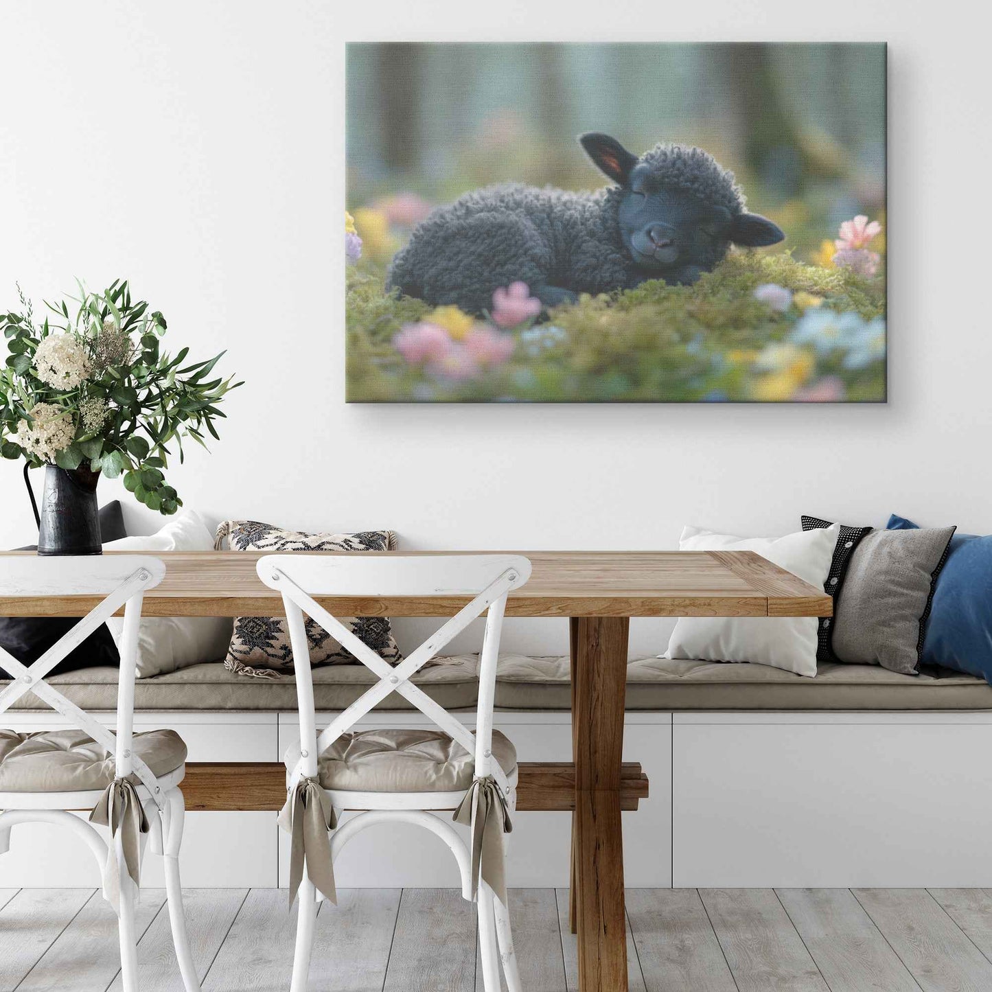 Dreaming in Bloom Black Lamb Peacefully Napping Amongst Spring Flowers   Christian Canvas Wall Art Decor
