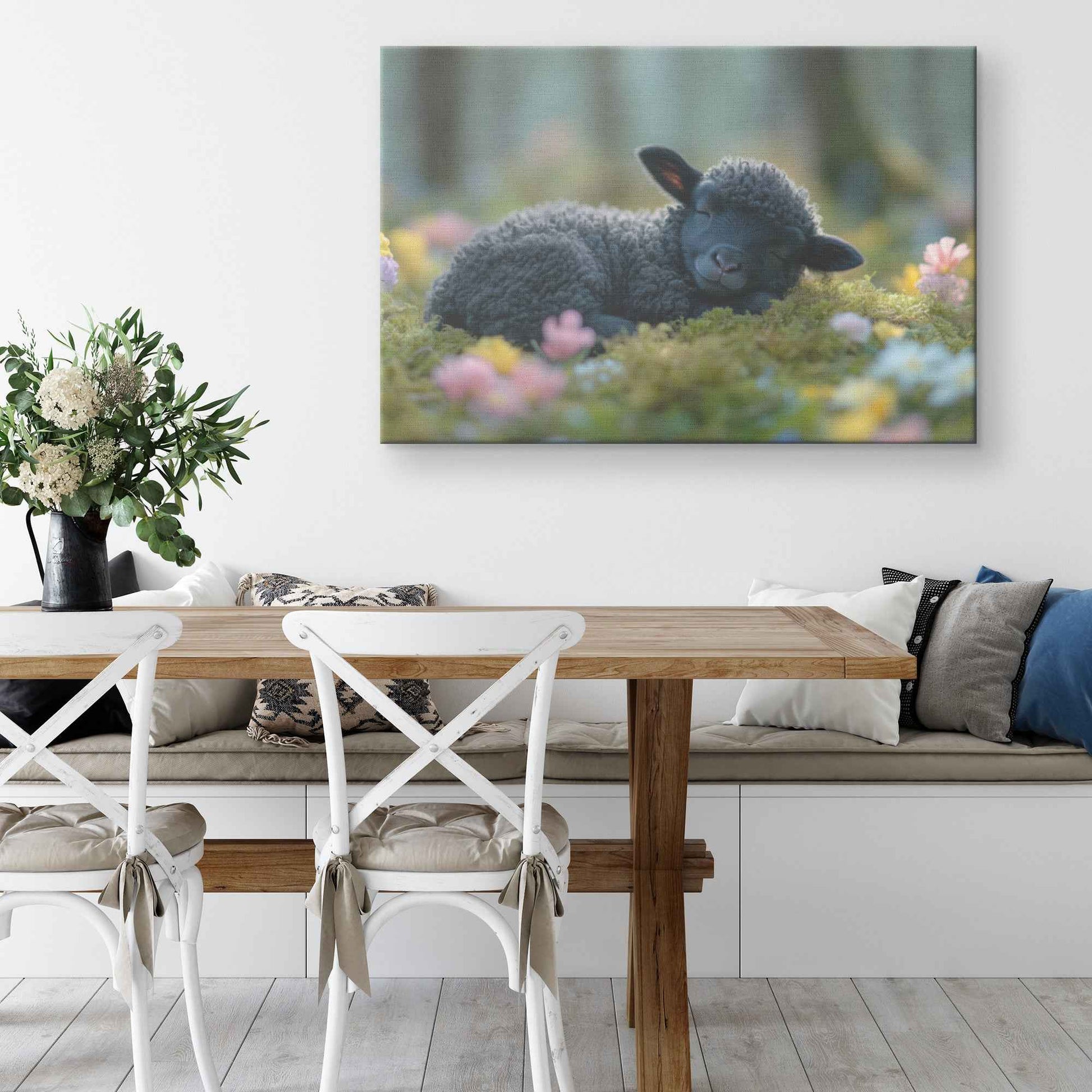 Dreaming in Bloom Black Lamb Peacefully Napping Amongst Spring Flowers   Christian Canvas Wall Art Decor