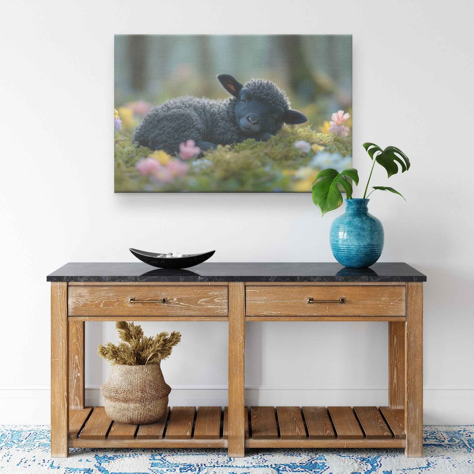 Dreaming in Bloom Black Lamb Peacefully Napping Amongst Spring Flowers   Christian Canvas Wall Art Decor