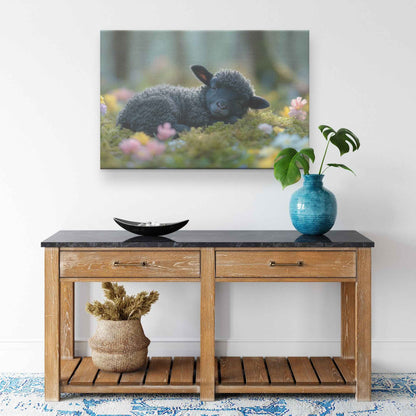 Dreaming in Bloom Black Lamb Peacefully Napping Amongst Spring Flowers   Christian Canvas Wall Art Decor
