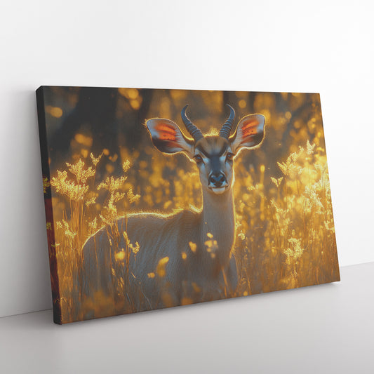 Elegant Kudu Antelope with Glossy Fur Standing in Golden Savannah at Sunset Surrounded Tall Grasses and Wildflowers  Canvas Wall Art Decor - Awakening Righteousness