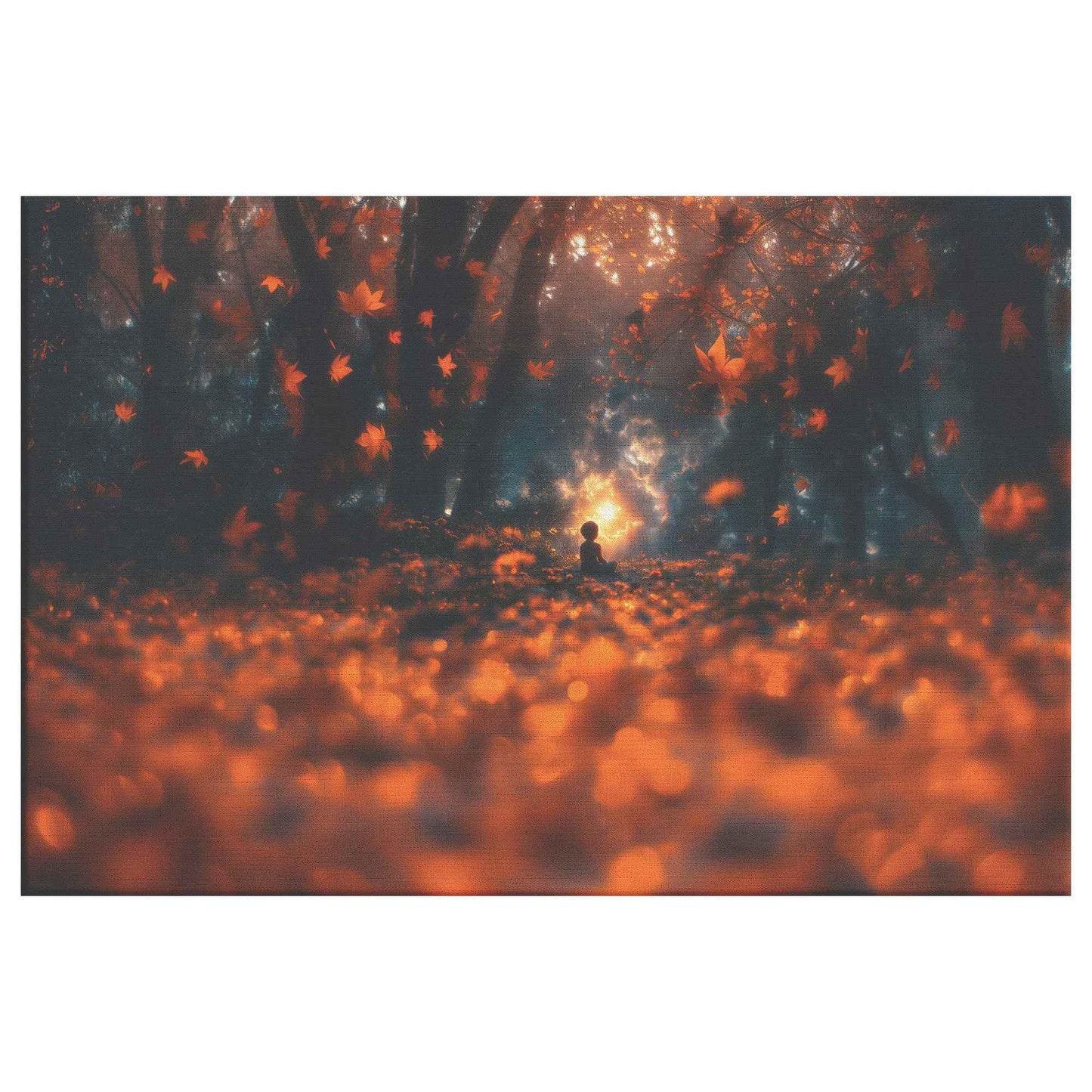 Enchanted Autumn Glow A Child Amidst Floating Leaves and Magical Light   Vibrant Christian Canvas Wall Art Decor