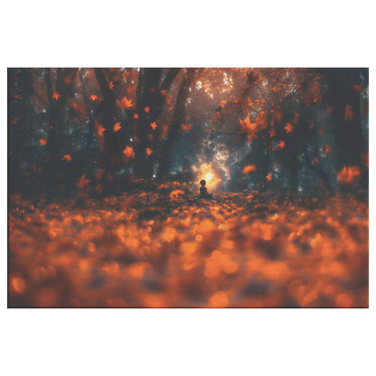 Enchanted Autumn Glow A Child Amidst Floating Leaves and Magical Light   Vibrant Christian Canvas Wall Art Decor