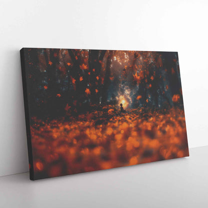 Enchanted Autumn Glow A Child Amidst Floating Leaves and Magical Light   Vibrant Christian Canvas Wall Art Decor