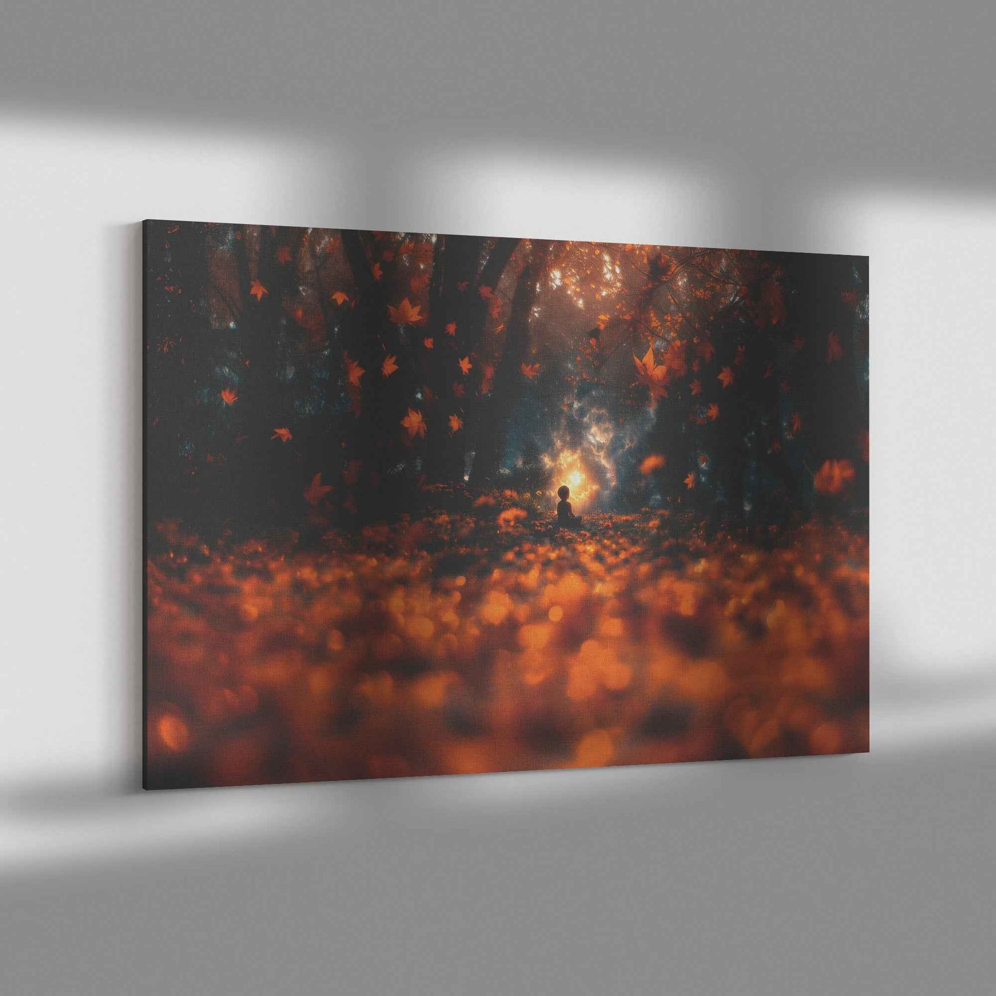 Enchanted Autumn Glow A Child Amidst Floating Leaves and Magical Light   Vibrant Christian Canvas Wall Art Decor