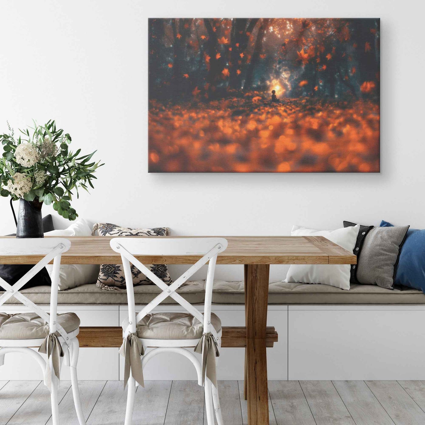 Enchanted Autumn Glow A Child Amidst Floating Leaves and Magical Light   Vibrant Christian Canvas Wall Art Decor