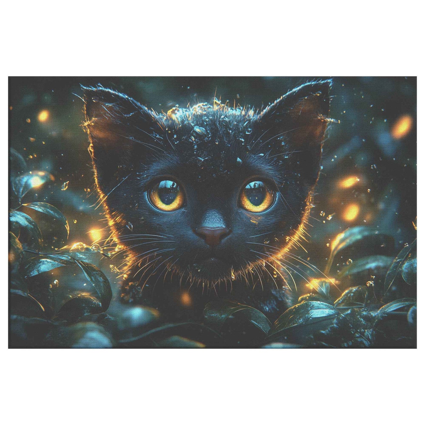 Enchanted Black Cat with Glowing Eyes A Magical Forest Scene with Fireflies and Water Droplets   Christian Canvas Wall Art Decor