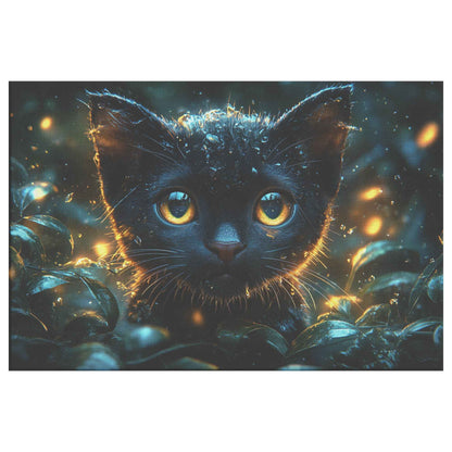 Enchanted Black Cat with Glowing Eyes A Magical Forest Scene with Fireflies and Water Droplets   Christian Canvas Wall Art Decor