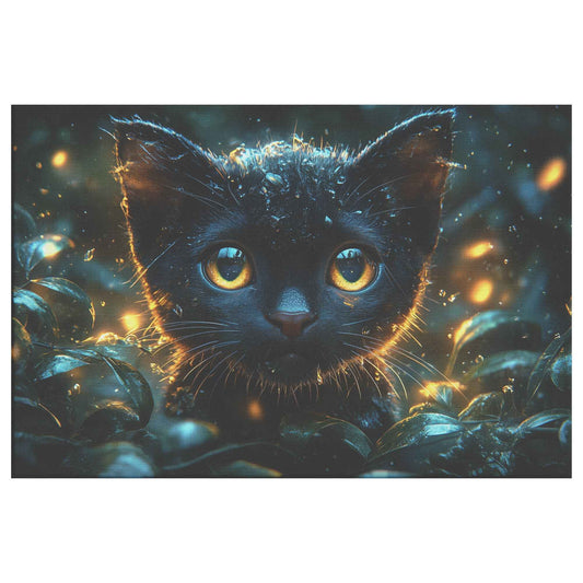 Enchanted Black Cat with Glowing Eyes A Magical Forest Scene with Fireflies and Water Droplets   Christian Canvas Wall Art Decor