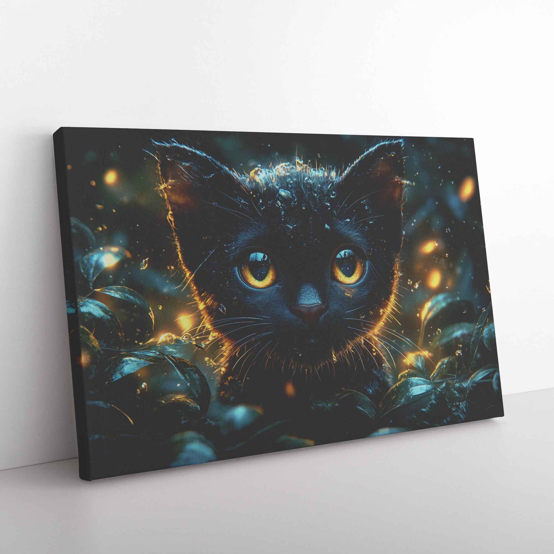 Enchanted Black Cat with Glowing Eyes A Magical Forest Scene with Fireflies and Water Droplets   Christian Canvas Wall Art Decor