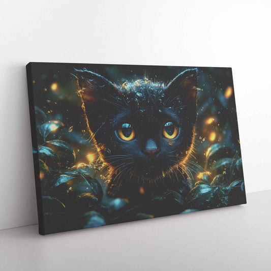 Enchanted Black Cat with Glowing Eyes A Magical Forest Scene with Fireflies and Water Droplets   Christian Canvas Wall Art Decor