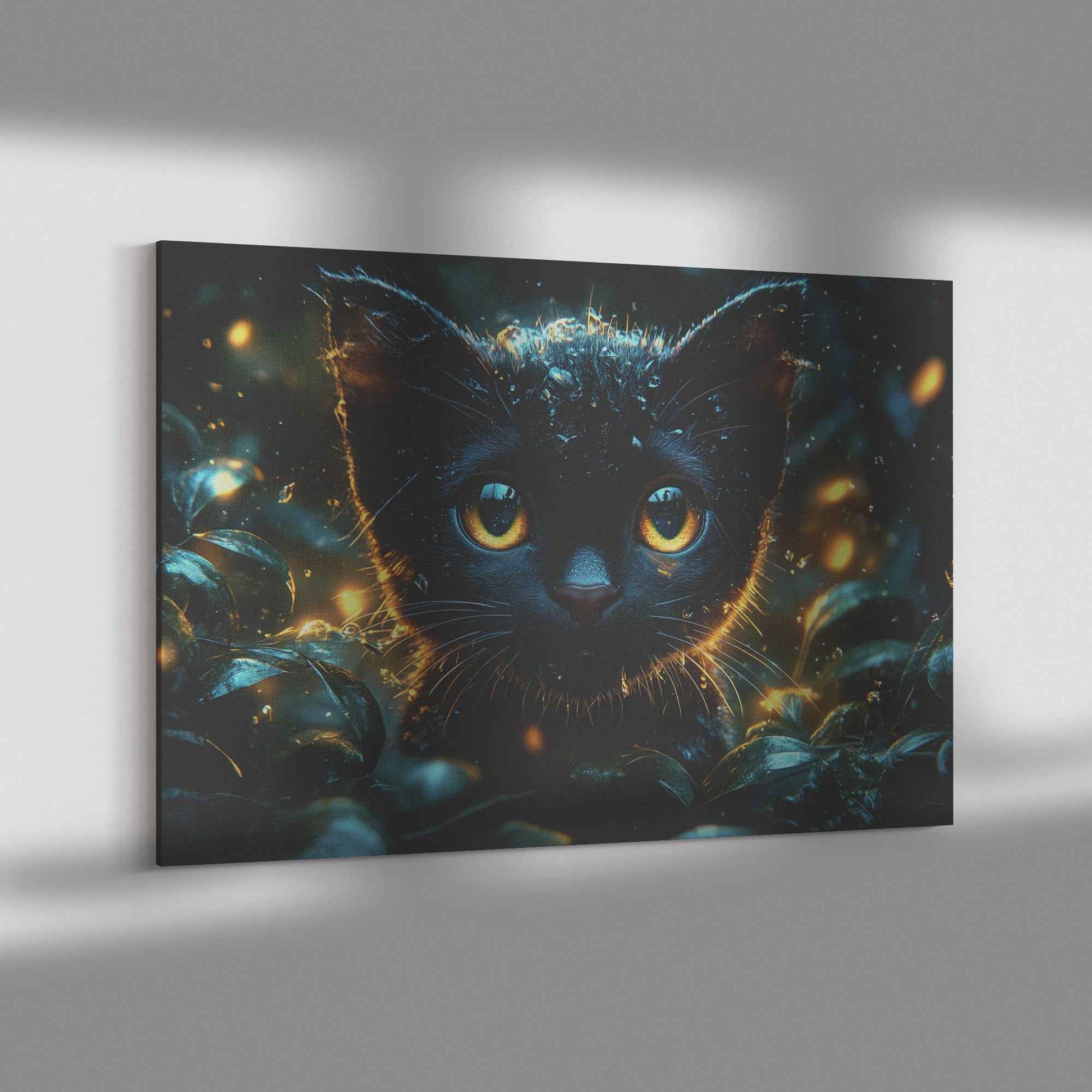 Enchanted Black Cat with Glowing Eyes A Magical Forest Scene with Fireflies and Water Droplets   Christian Canvas Wall Art Decor