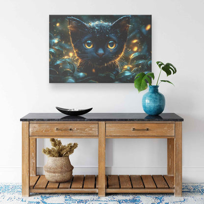 Enchanted Black Cat with Glowing Eyes A Magical Forest Scene with Fireflies and Water Droplets   Christian Canvas Wall Art Decor