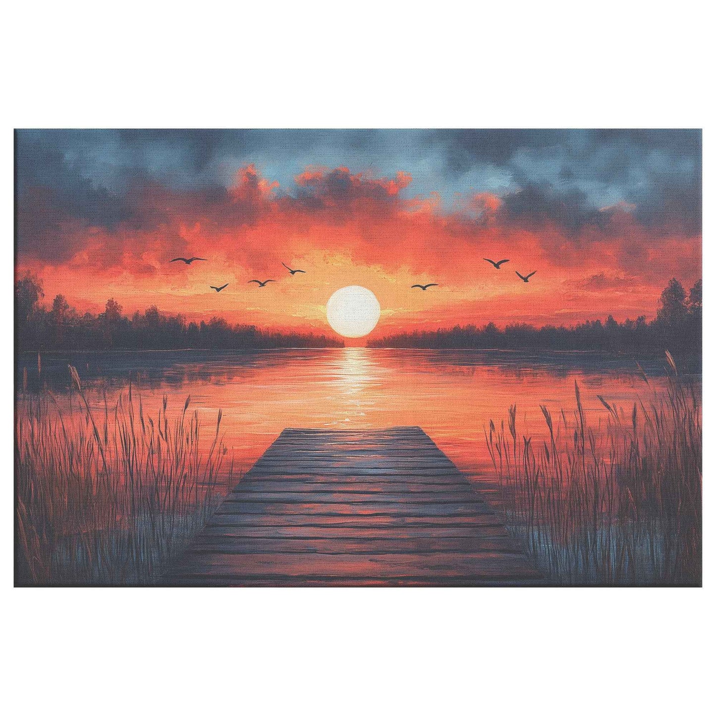 Enchanting Sunset Lake with Wooden Dock and Birds  Tranquil Natural Scenery Canvas Wall Art