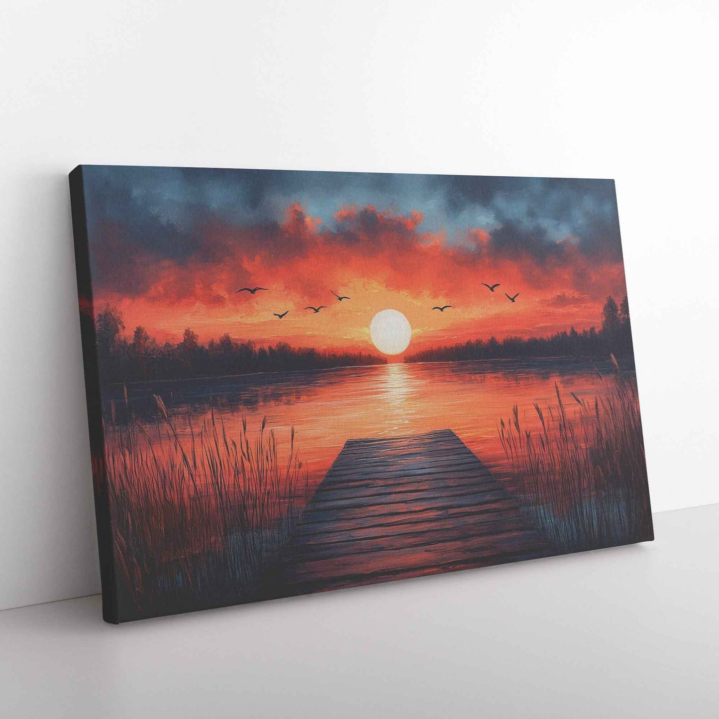 Enchanting Sunset Lake with Wooden Dock and Birds  Tranquil Natural Scenery Canvas Wall Art